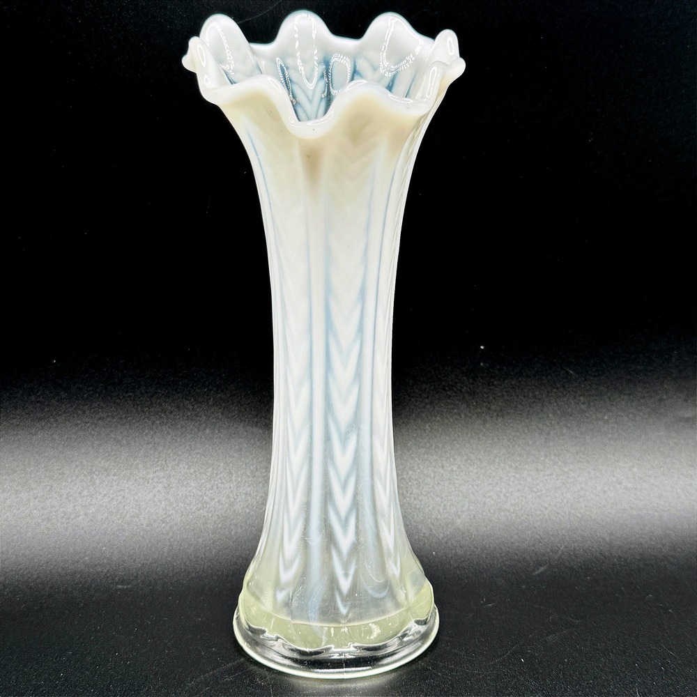 Antique Northwood Feathers White Opalescent Glass Vase Ruffled Rim Cottagecore